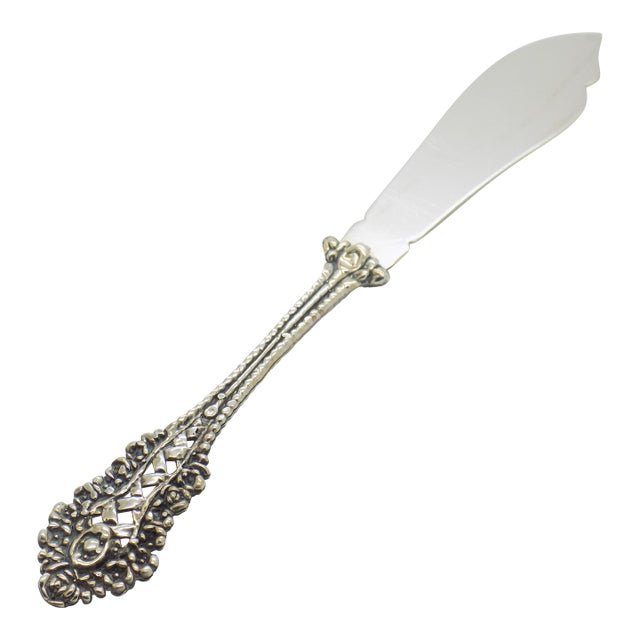 Vintage Italian Handmade Genuine Silver Daisy Flower Design Solid Butter Knife For Sale
