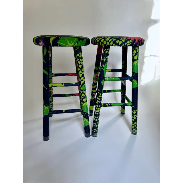 Mid-Century Modern Pair of Vintage Greeff "Summertime Collection" Fabric Wrapped Wooden Counter Stools For Sale - Image 3 of 18