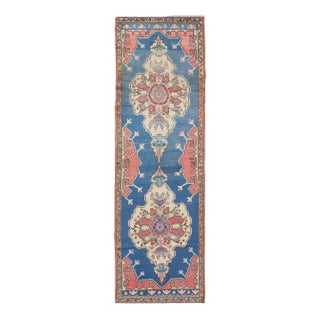 Grand Dual Medallion Oushak Vintage Runner From Turkey in Red and Blue For Sale