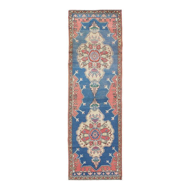 Grand Dual Medallion Oushak Vintage Runner From Turkey in Red and Blue For Sale