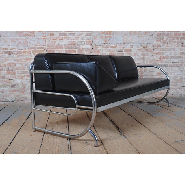 Metal Bauhaus Sofa in Chrome, Steel and Leather attributed to Robert Slezak, Czech, 1930s For Sale - Image 7 of 13