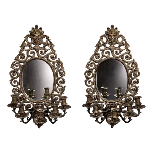 Antique Baroque Style Bronze Wall Mirrors with Integrated Candleholders, Set of 2 For Sale