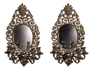 Antique Baroque Style Bronze Wall Mirrors with Integrated Candleholders, Set of 2