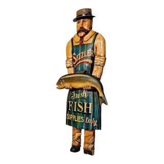 Vintage Sizzler Fishmonger Wooden SIgn For Sale