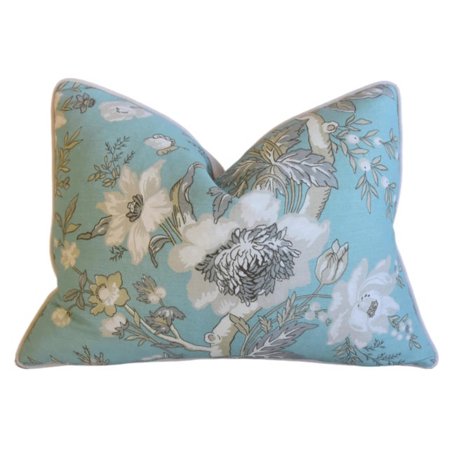 Aqua Blue, White & Gray Designer Thibaut Botanical Floral Tree of Life Feather/Down Pillow For Sale - Image 8 of 9