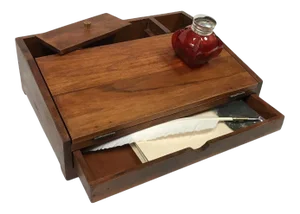 Colonial Reproduction Distressed Wood Portable Writing Set With Writing Accessories