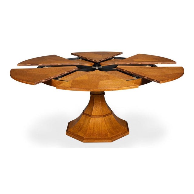 2020s Transitional Round Dining Table, Medium - Light Brown Oak With Faceted Pedestal Base For Sale - Image 5 of 11