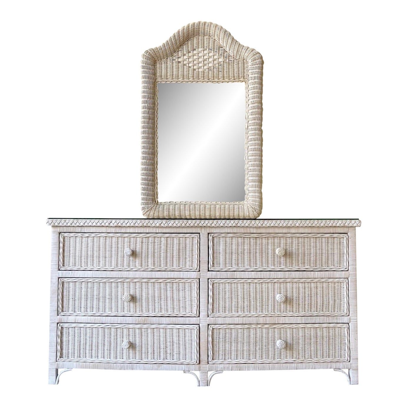 Boho Chic Off White Wicker Glass Top Dresser With Mirror Chairish