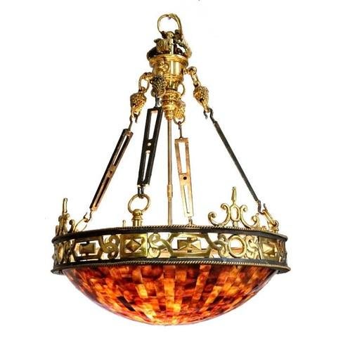 1980s Authentic Maitland-Smith Ornate Brass and Iron Empire Style Chandelier With a Penshell Inlaid Bowl For Sale In Cleveland - Image 6 of 17