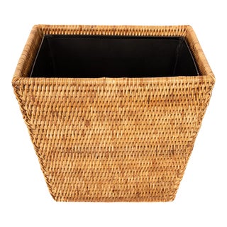 Artifacts Rattan Rectangular Tapered Waste Basket with Metal Liner in Honey Brown - 11" For Sale