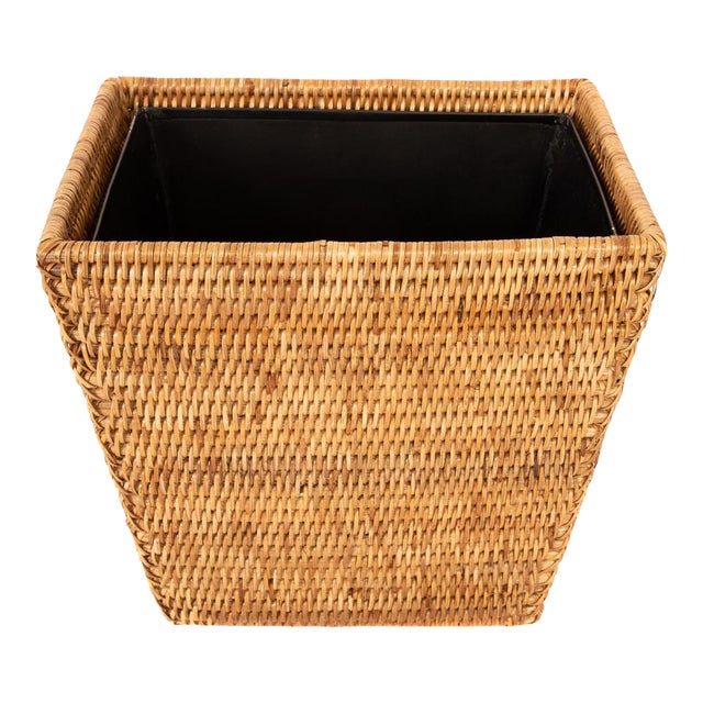 Artifacts Rattan Rectangular Tapered Waste Basket with Metal Liner in Honey Brown - 11" For Sale