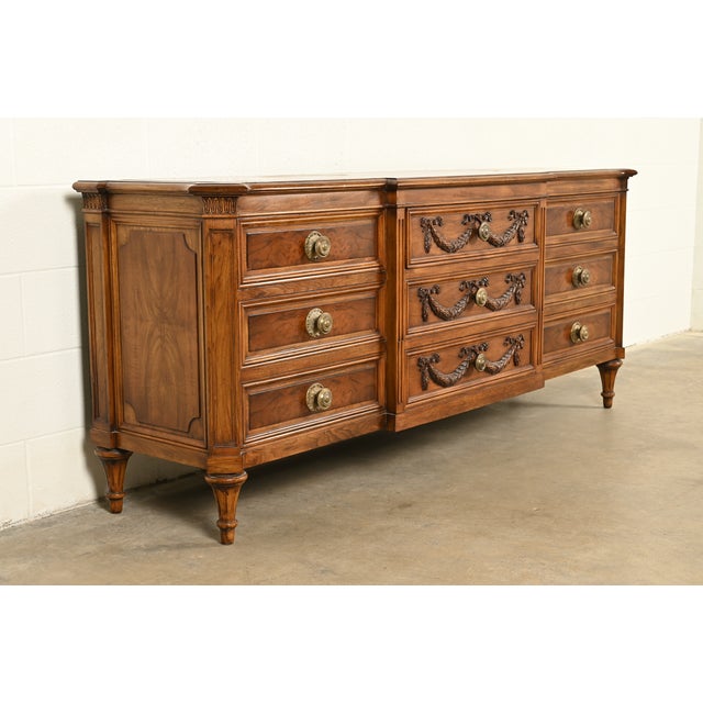 French Karges French Regency Louis XVI Burled Walnut Triple Dresser or Credenza For Sale - Image 3 of 15