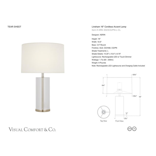 AERIN by Visual Comfort Signature Lineham 16" Cordless Accent Lamp in Crystal and Polished Nickel with Linen Shade...
