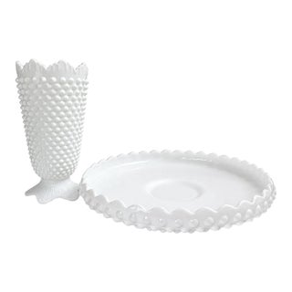Vintage Fenton White Hobnail Milk Glass Vase & Large Centerpiece Bowl – Set of 2 For Sale
