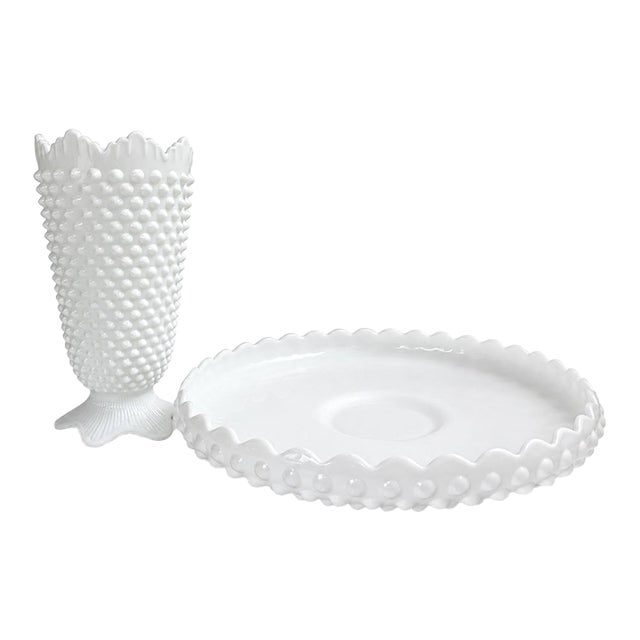 Vintage Fenton White Hobnail Milk Glass Vase & Large Centerpiece Bowl – Set of 2 For Sale