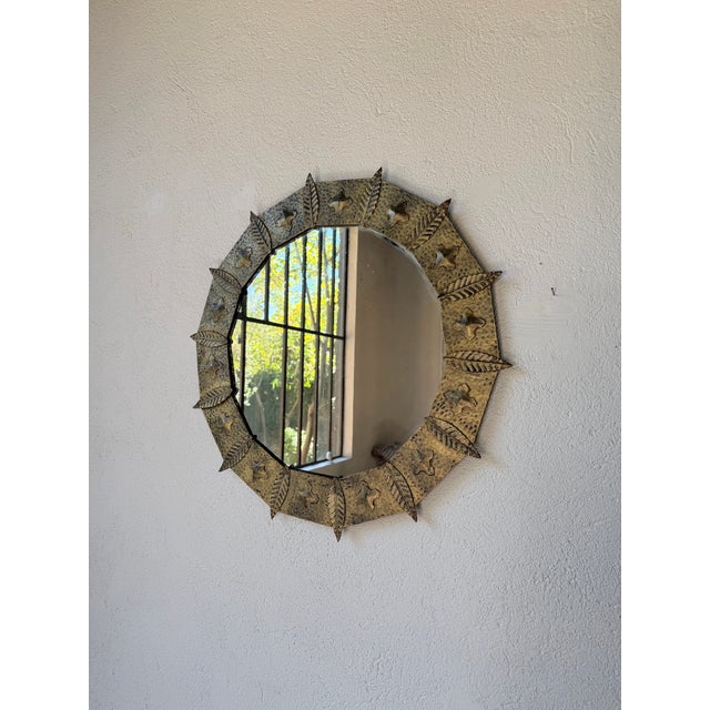 Brutalist Brutalist Round Hammered Gold-Tone Metal Mirror, 1950s For Sale - Image 3 of 18