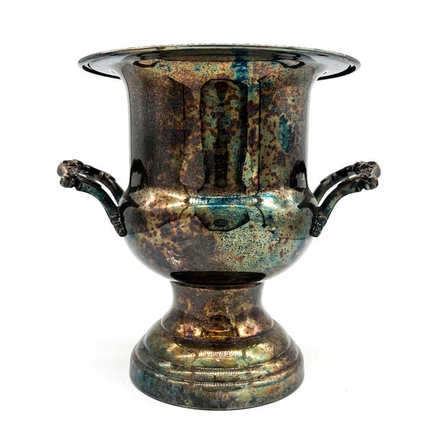 Metal 1988 Patinaed Silver Plate Trophy Urn / Champagne Bucket With Floral Handles – Shabby Chic / English Country For Sale - Image 7 of 11