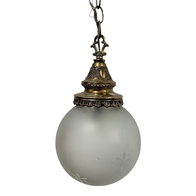 Antique Victorian Style Ornate Brass and Etched Glass Globe Wired Pendant Light For Sale