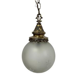 Antique Victorian Style Ornate Brass and Etched Glass Globe Wired Pendant Light