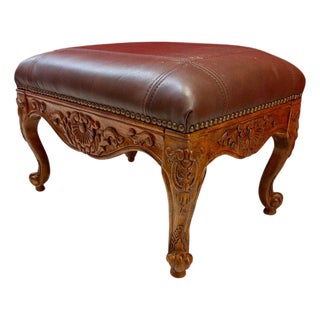 Louis XV Style Carved Wood Footstool Ottoman With Faux Leather & Nailhead Trim For Sale