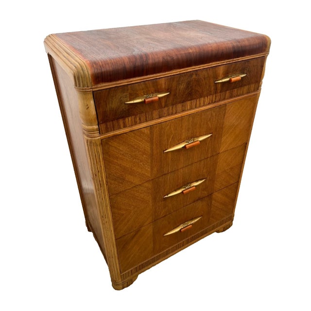 Gorgeous Art Deco Dresser Chest with Four Dovetail jointed Drawers, Bakelite and Brass Drawer Pulls, Waterfall Top. 46"...