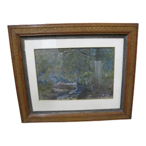 Jervis McENTEE Water Color Forest Brook Fisherman Antique Painting