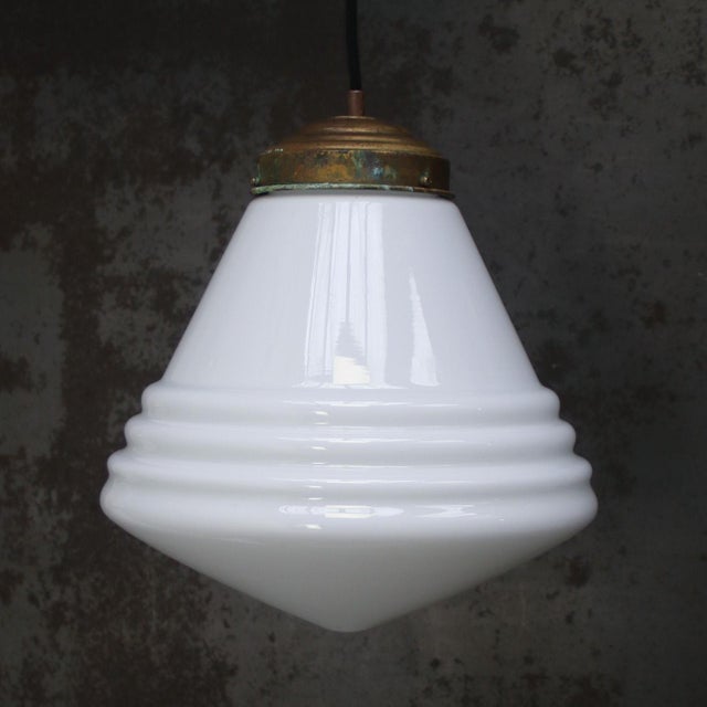 Mid-Century Modern Art Deco Dutch White Reeded Opaline Glass Pendant Lamp from Philips, Holland For Sale - Image 3 of 8