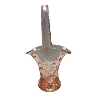 Vintage 1930s Pink Pressed Glass Handled Basket With Starburst Design 8” For Sale