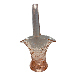 Vintage 1930s Pink Pressed Glass Handled Basket With Starburst Design 8”