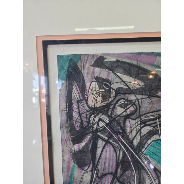 Beautiful 1954 lithograph features bold lines shapes, and purple, green, blue stripes. Signed and dated, artist unknown....