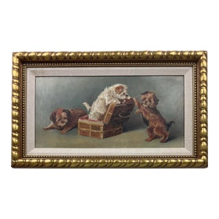 Antique Oil Painting on Board of Playful Pups in Nice Gold Gilt Frame For Sale