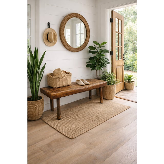 American Antique Early American Rustic Bench With Splayed Turned Splayed Legs and Thick Cut Seat For Sale - Image 3 of 12