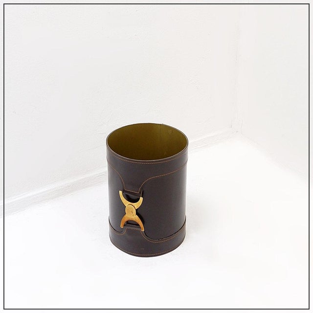 Brown Leather Wastebasket with Decorative Brass Buckle For Sale - Image 4 of 10