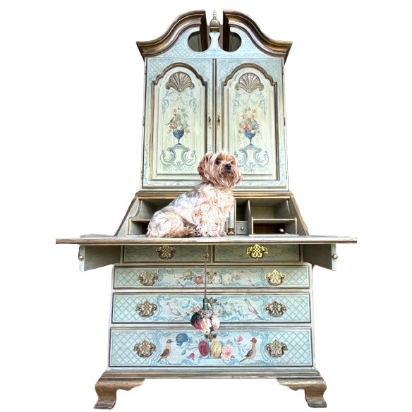 Custom Chinoiserie Style Shadow Sage Green Floral Hand Painted Secretary Desk For Sale - Image 16 of 18