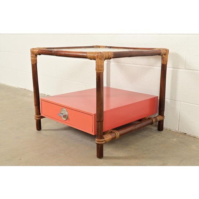Ficks Reed John Wisner for Ficks Reed Mid-Century Hollywood Regency Bamboo Rattan Glass Top Side Table, 1950s For Sale - Image 4 of 14