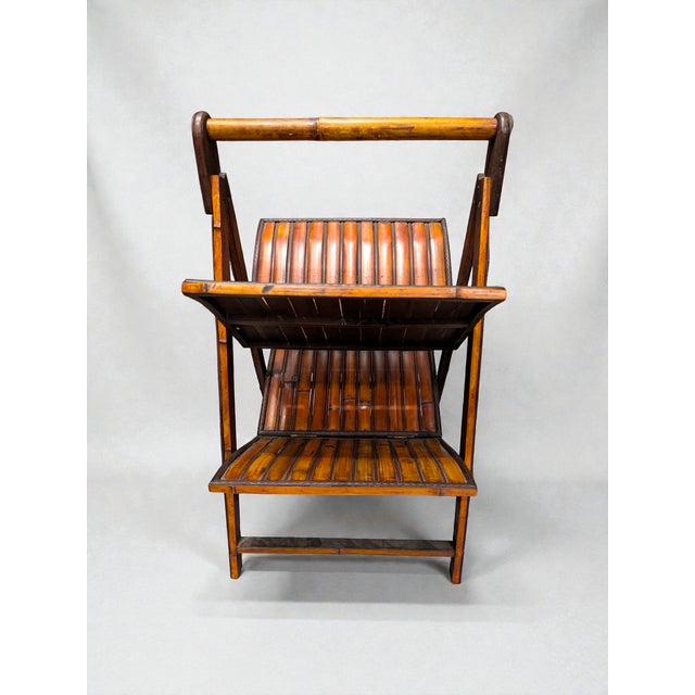 Vintage French Folding Magazine Rack, 2-Tier Bamboo & Rattan Wicker Holder, Boho Coastal Mid-Century Storage For Sale - Image 4 of 5