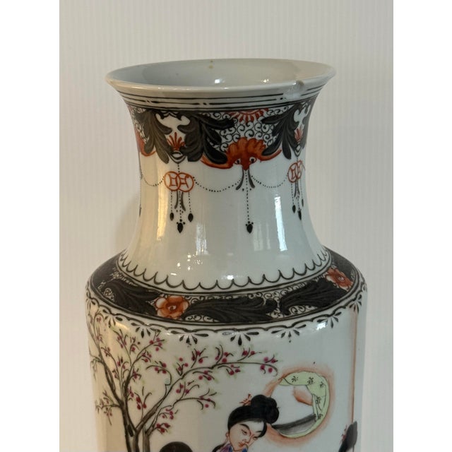 Ivory Vintage Chinese Famille Rose Scholar Scene Chinoiserie Vase 13.5” Tall For Sale - Image 8 of 12