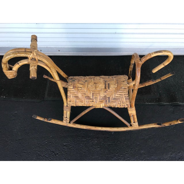 Franco Albini Vintage 1960 Franco Albini Style Italian Mid Century Modern Bentwood & Rattan Cane Rocking-Horse For Sale - Image 4 of 5