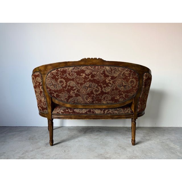 Vintage Louis XVI Style Curved Barrel Back Loveseat With Nailhead Trim For Sale - Image 10 of 17