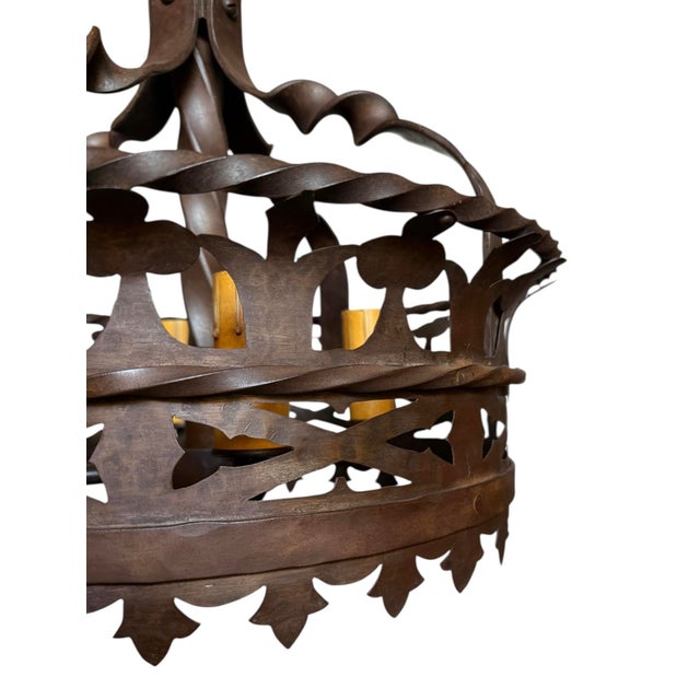 Spanish Revival Rare Antique Cast and Forged Bronzed Iron Chandelier With Flowers For Sale - Image 3 of 7