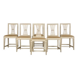 Swedish Gustavian Style Painted Dining Chairs W/ Beige Velvet - Set of 6 For Sale