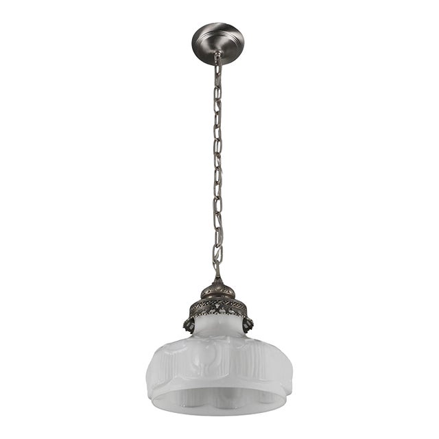 Mid 20th Century Victorian White Glass Nickel Chain Pendant Light For Sale