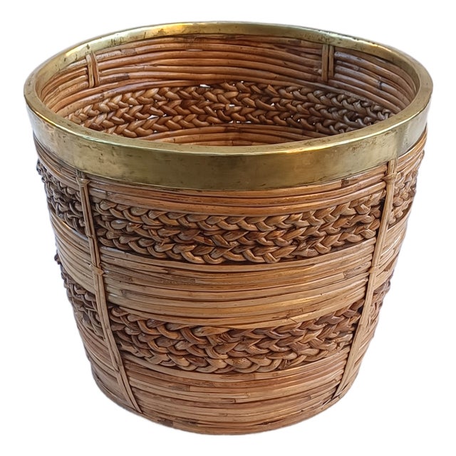 Braided Wicker Basket with Brass Edge, 1970s For Sale