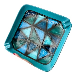 Mid Century Modern Aldo Londi Vetrata Bitossi Italy Teal Ceramic Ashtray Rare For Sale