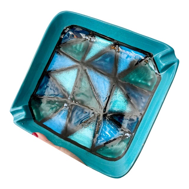 Mid Century Modern Aldo Londi Vetrata Bitossi Italy Teal Ceramic Ashtray Rare For Sale