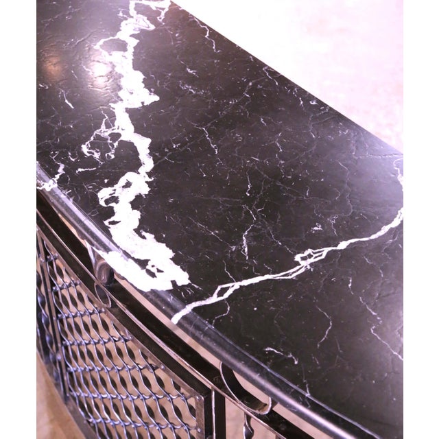 Pair of 19th Century French Marble Top Polished Iron Bow Front Console Tables For Sale - Image 9 of 11