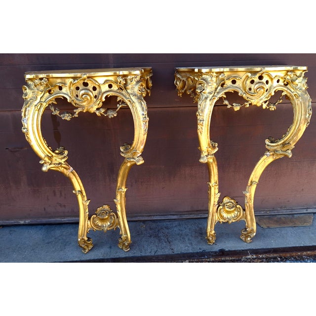 Wood Pair 18th Century Rococo Style Carved Giltwood Marble Top Side Tables For Sale - Image 7 of 14