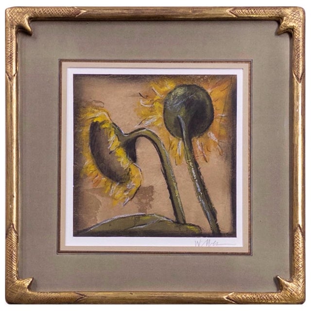 A rare triptych of three original oil and mixed media botanical studies—Iris, Daylily, and Sunflower—exhibiting a rich...