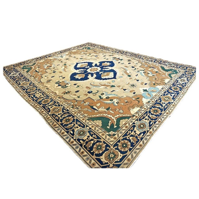 Persian 21st Century Persian Heriz Wool 12x15 Tan & Navy Handmade Area Rug #9902016 For Sale - Image 3 of 10