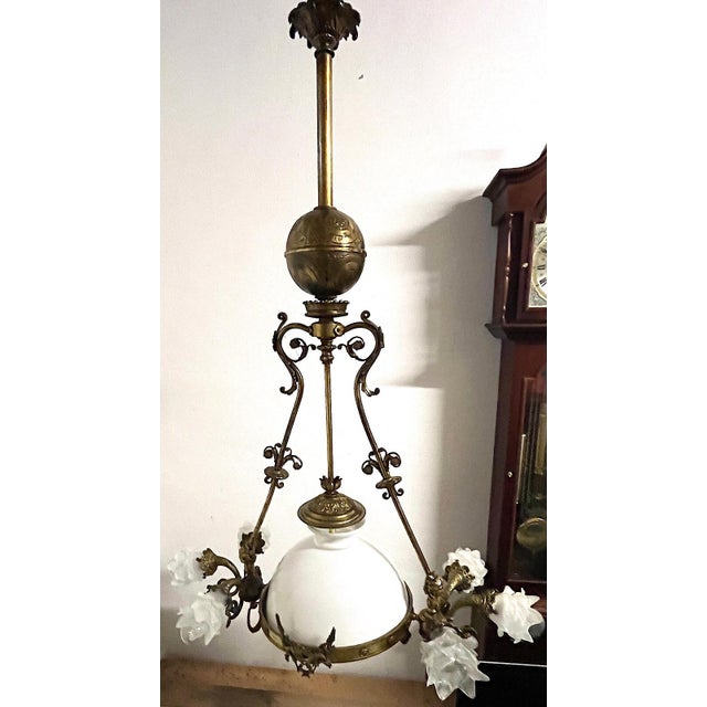 Antique Brass and Glass 7-Light Chandelier from H. Luppens Bruxelles, 1920s For Sale - Image 10 of 10